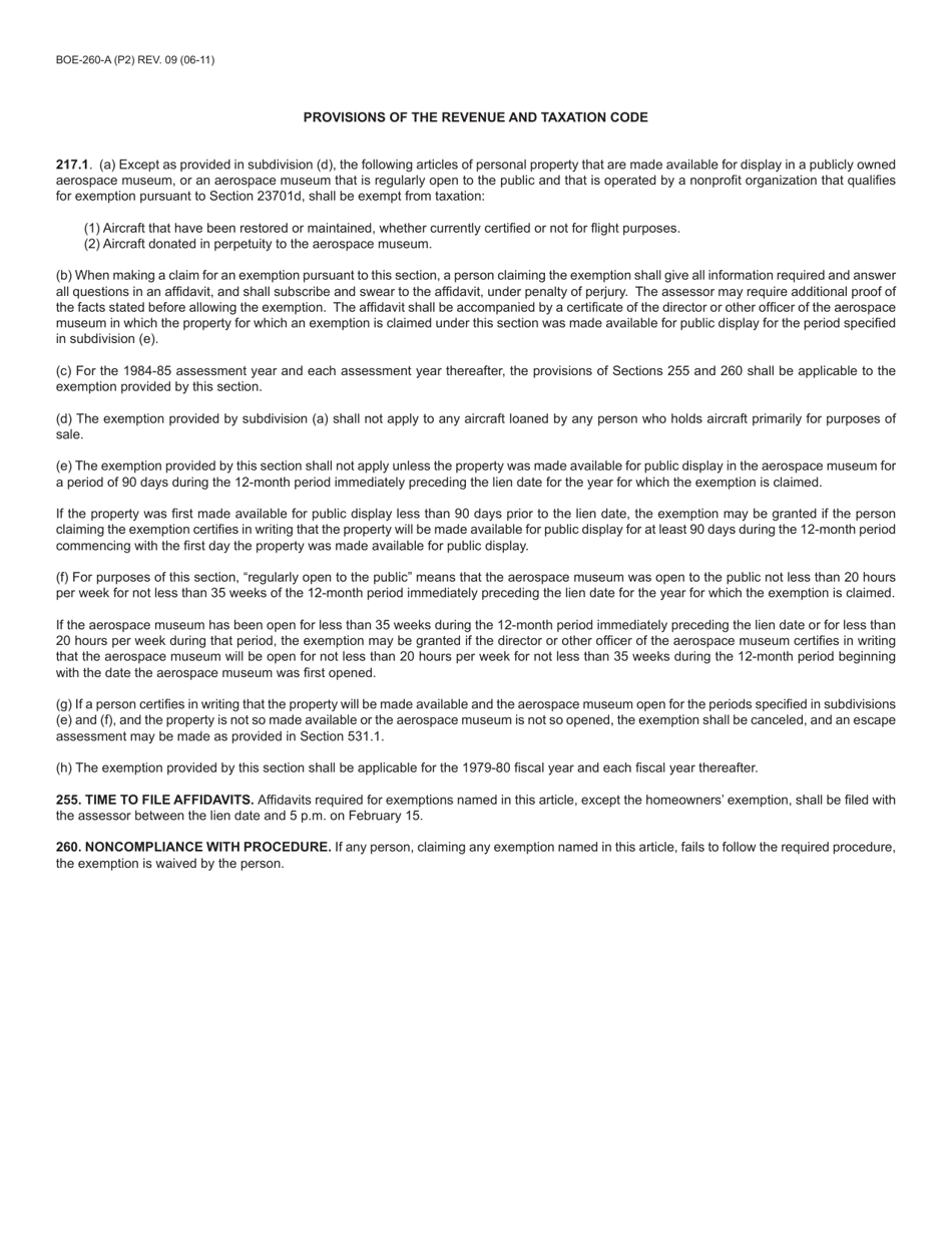 Form BOE-260-A Certificate and Affidavit for Exemption of Certain Aircraft - County of Riverside, California, Page 2