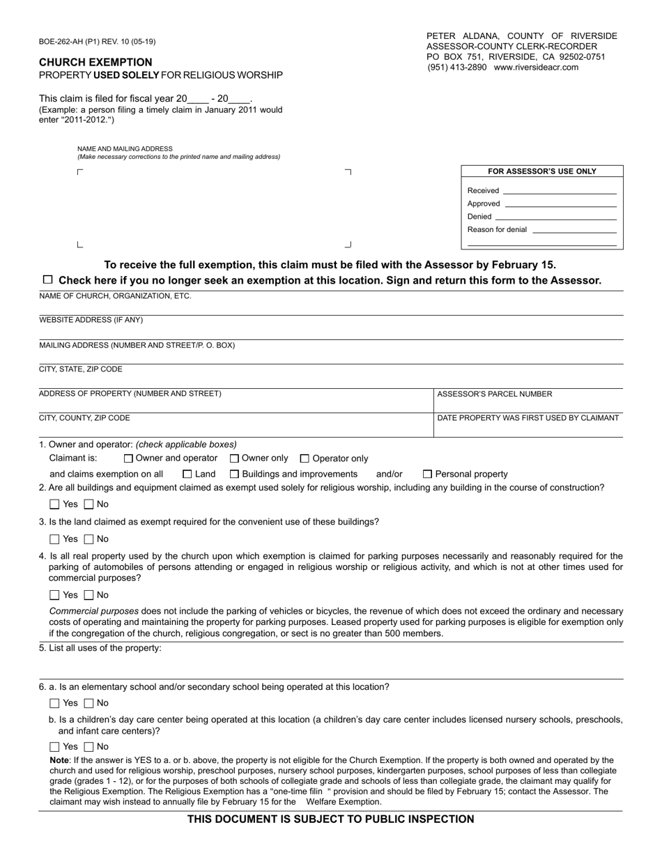 Form BOE-262-AH Church Exemption - County of Riverside, California, Page 1