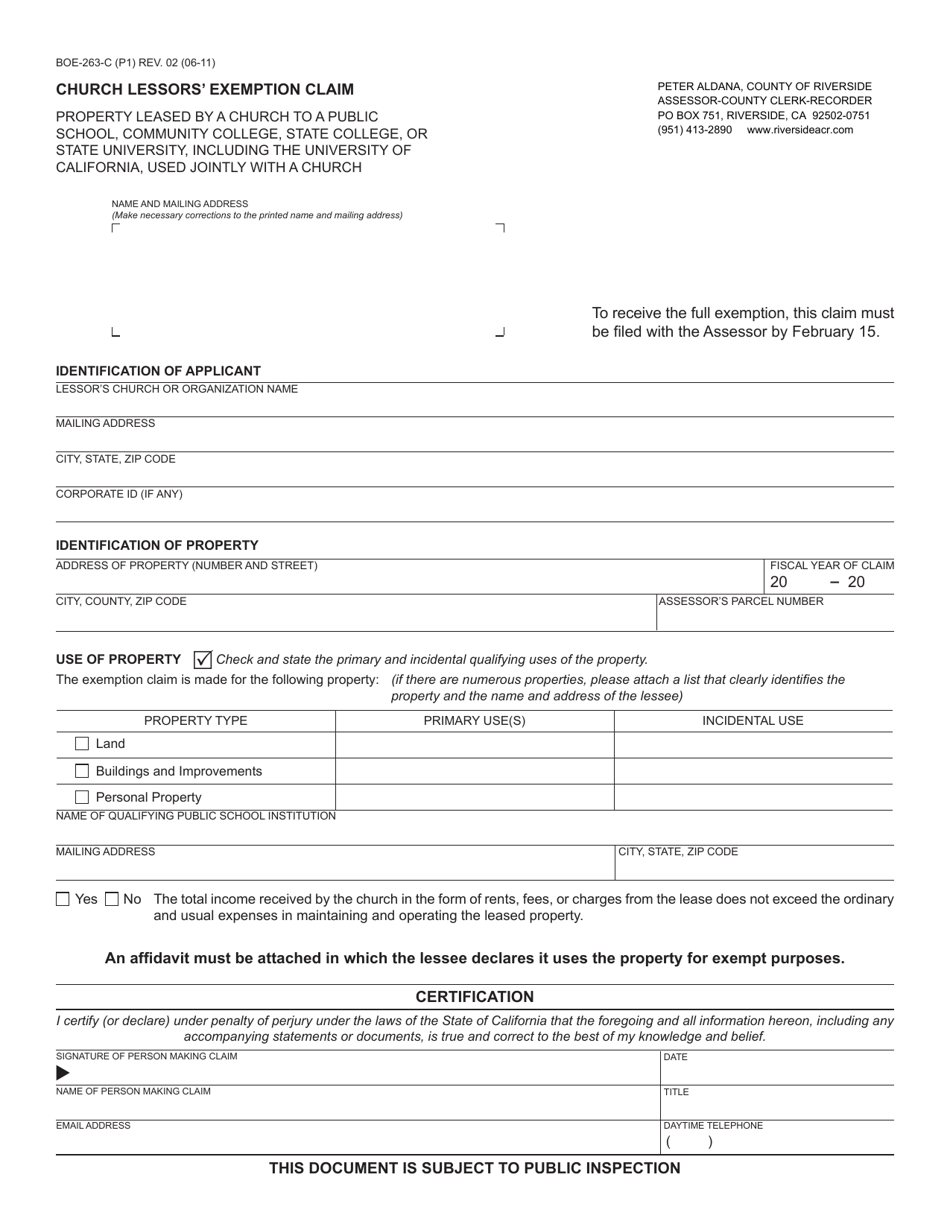 Form BOE-263-C Church Lessors Exemption Claim - County of Riverside, California, Page 1