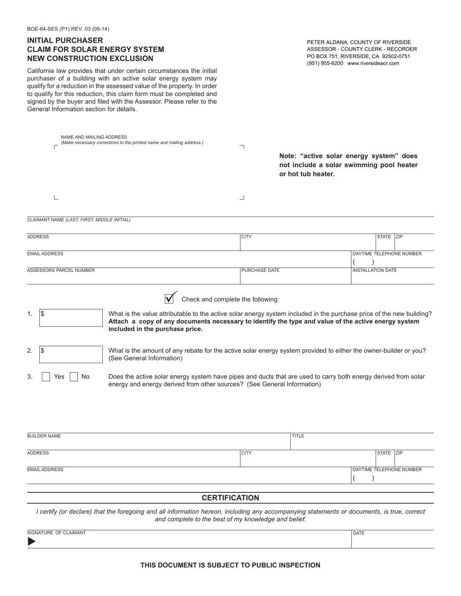 Form BOE-64-SES Initial Purchaser Claim for Solar Energy System New Construction Exclusion - County of Riverside, California, Page 1