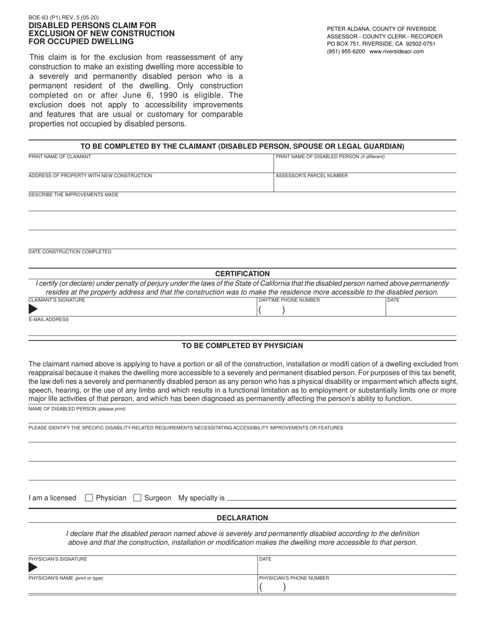 Form BOE-63 Disabled Persons Claim for Exclusion of New Construction for Occupied Dwelling - County of Riverside, California, Page 1