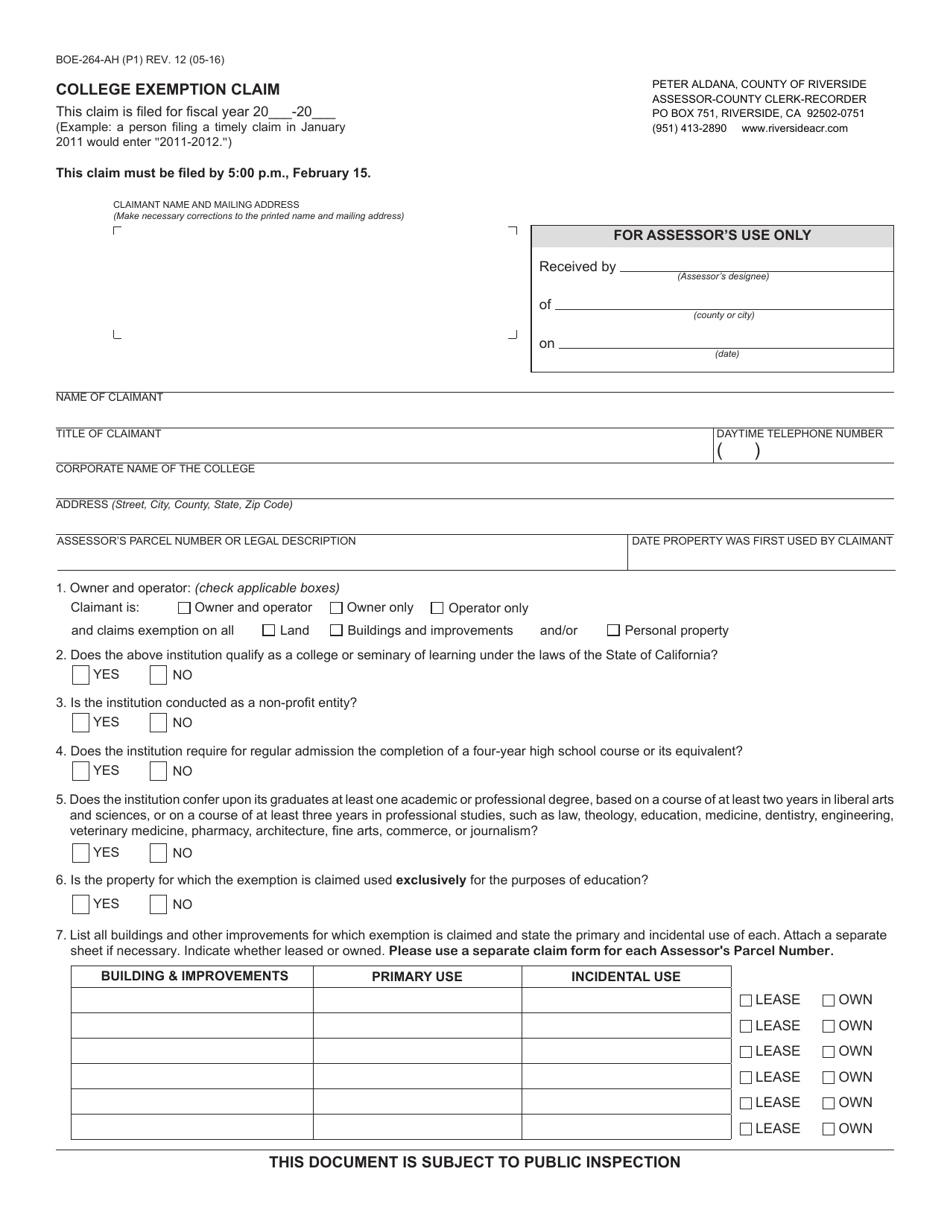 Form BOE-264-AH College Exemption Claim - County of Riverside, California, Page 1