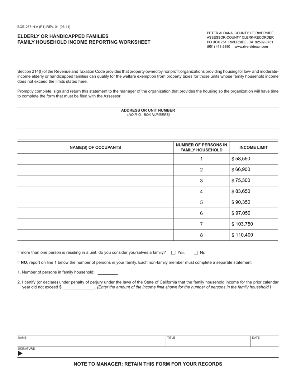 Form BOE-267-H-A Elderly or Handicapped Families - Family Household Income Reporting Worksheet - County of Riverside, California, Page 1