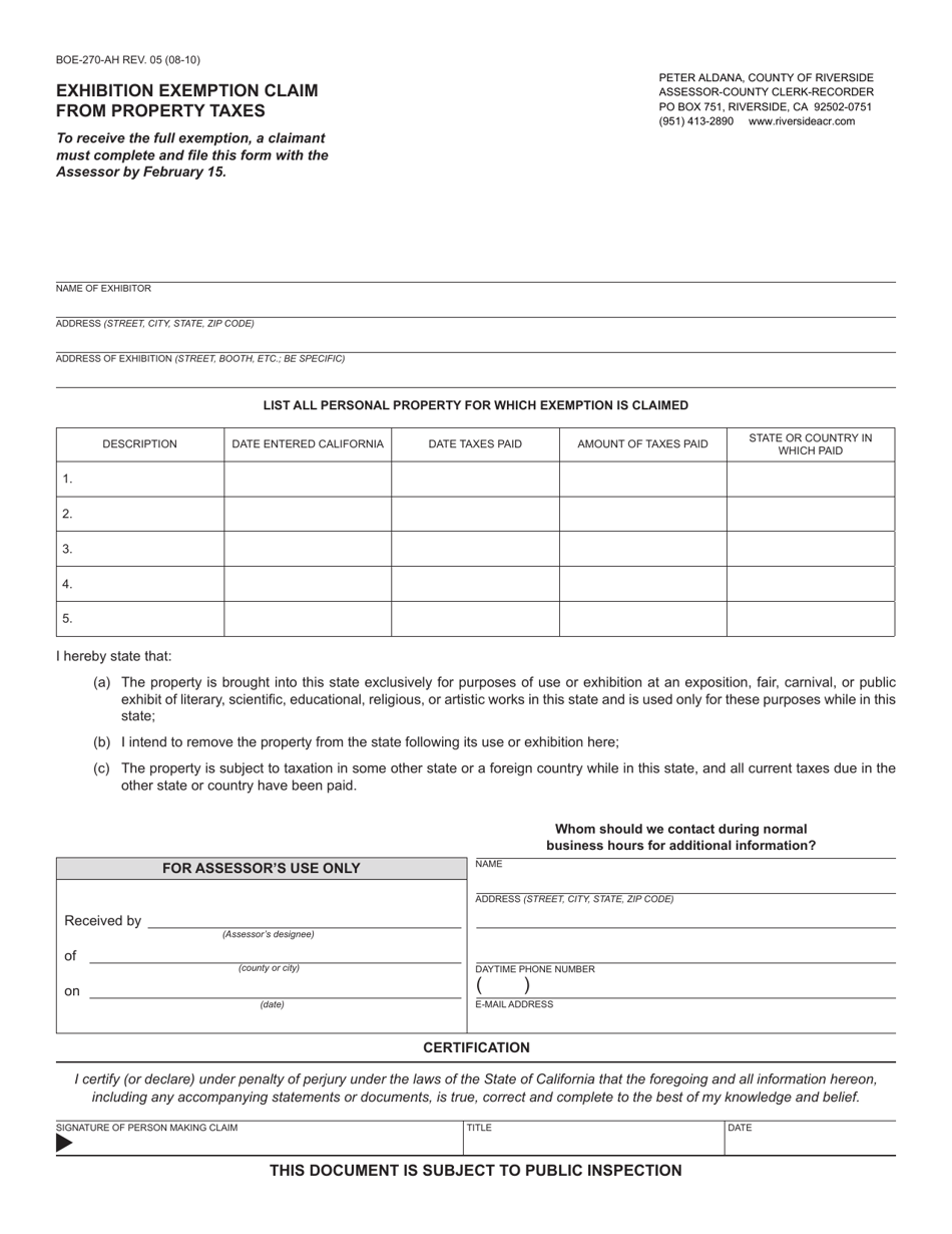 Form BOE-270-AH Exhibition Exemption Claim From Property Taxes - County of Riverside, California, Page 1