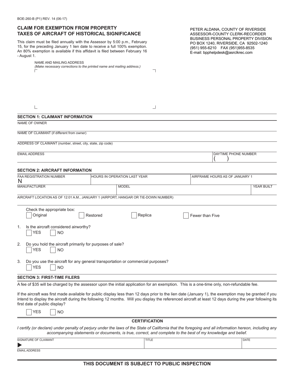 Form BOE-260-B Claim for Exemption From Property Taxes of Aircraft of Historical Significance - County of Riverside, California, Page 1