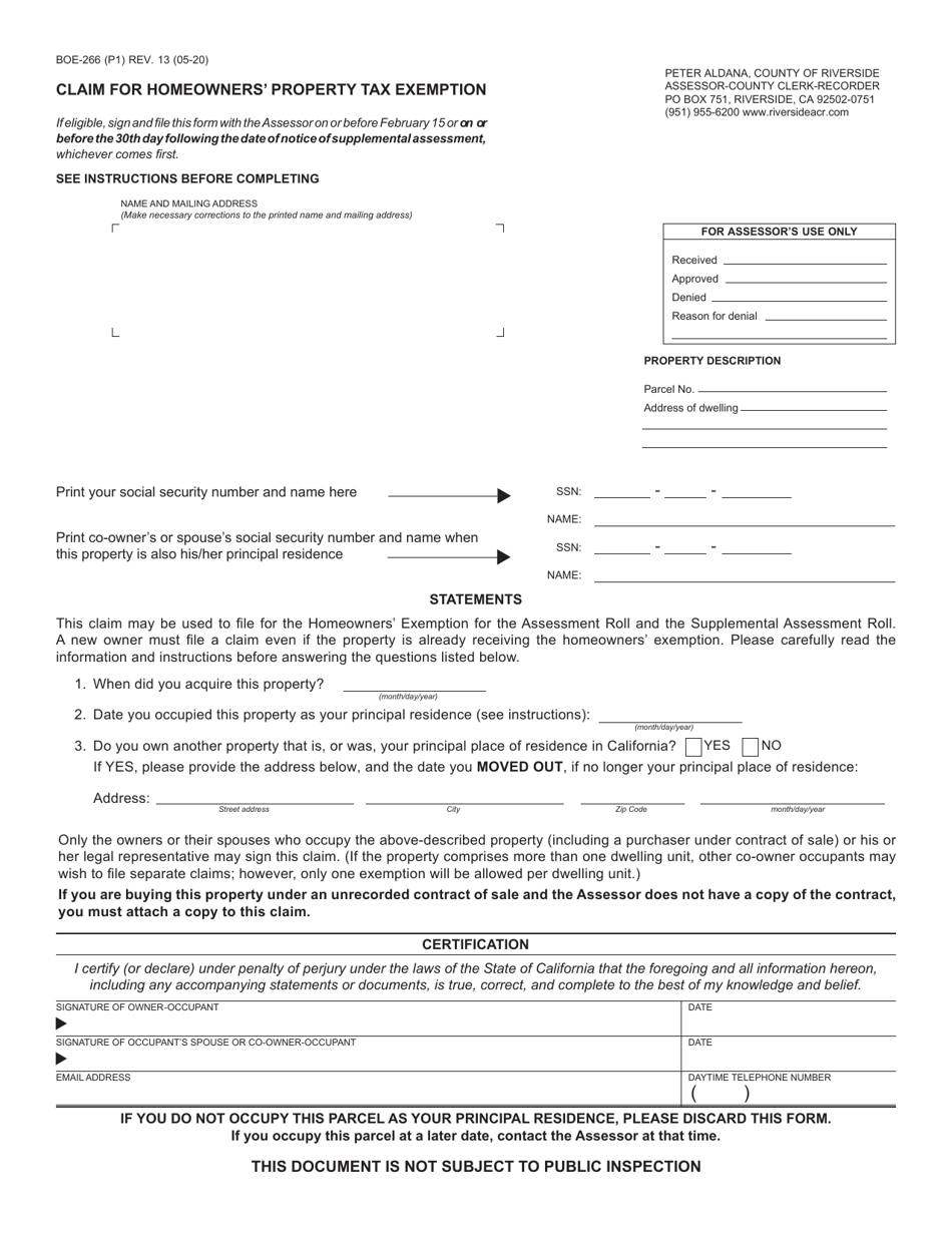 Form BOE-266 Claim for Homeowners Property Tax Exemption - County of Riverside, California, Page 1