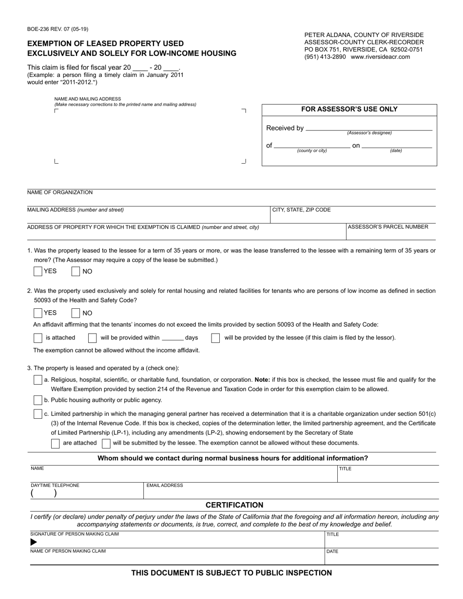 Form BOE-236 - Fill Out, Sign Online and Download Fillable PDF, County ...