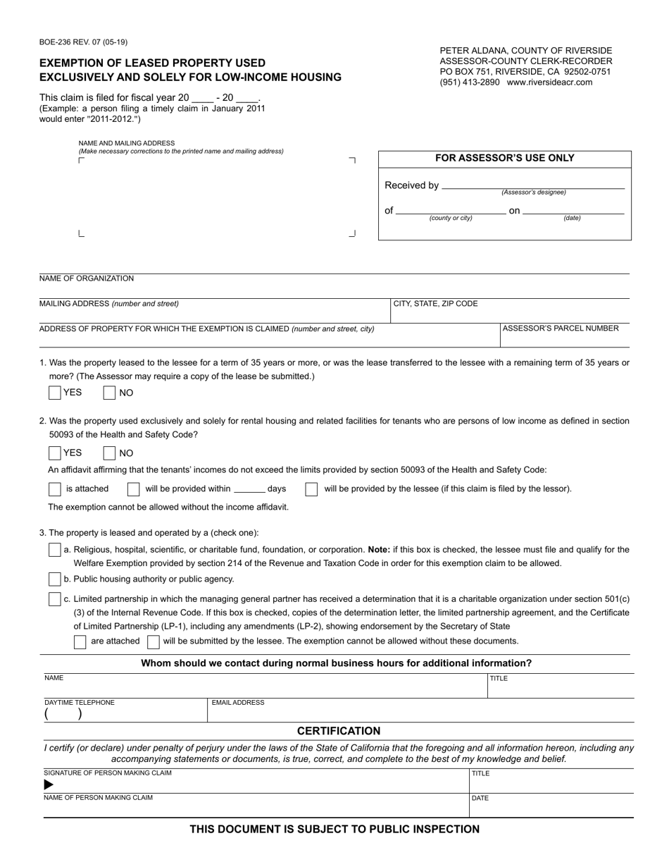 Form BOE-236 Exemption of Leased Property Used Exclusively and Solely for Low-Income Housing - County of Riverside, California, Page 1