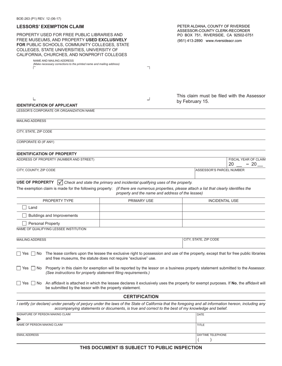 Form BOE-263 Lessors Exemption Claim - County of Riverside, California, Page 1