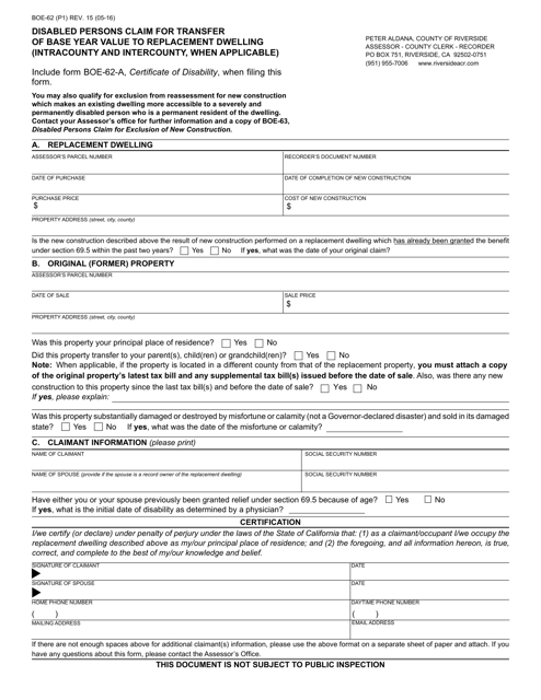 Form BOE-62 Disabled Persons Claim for Transfer of Base Year Value to Replacement Dwelling (Intracounty and Intercounty, When Applicable) - County of Riverside, California