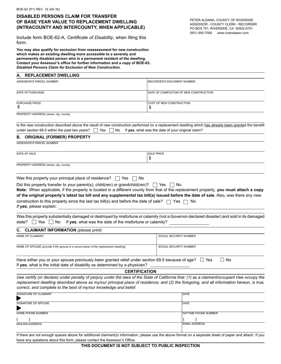 Form BOE-62 Disabled Persons Claim for Transfer of Base Year Value to Replacement Dwelling (Intracounty and Intercounty, When Applicable) - County of Riverside, California, Page 1