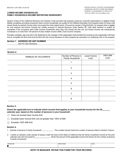 Form BOE-267-L-A Lower Income Households Family Household Income Reporting Worksheet - County of Riverside, California
