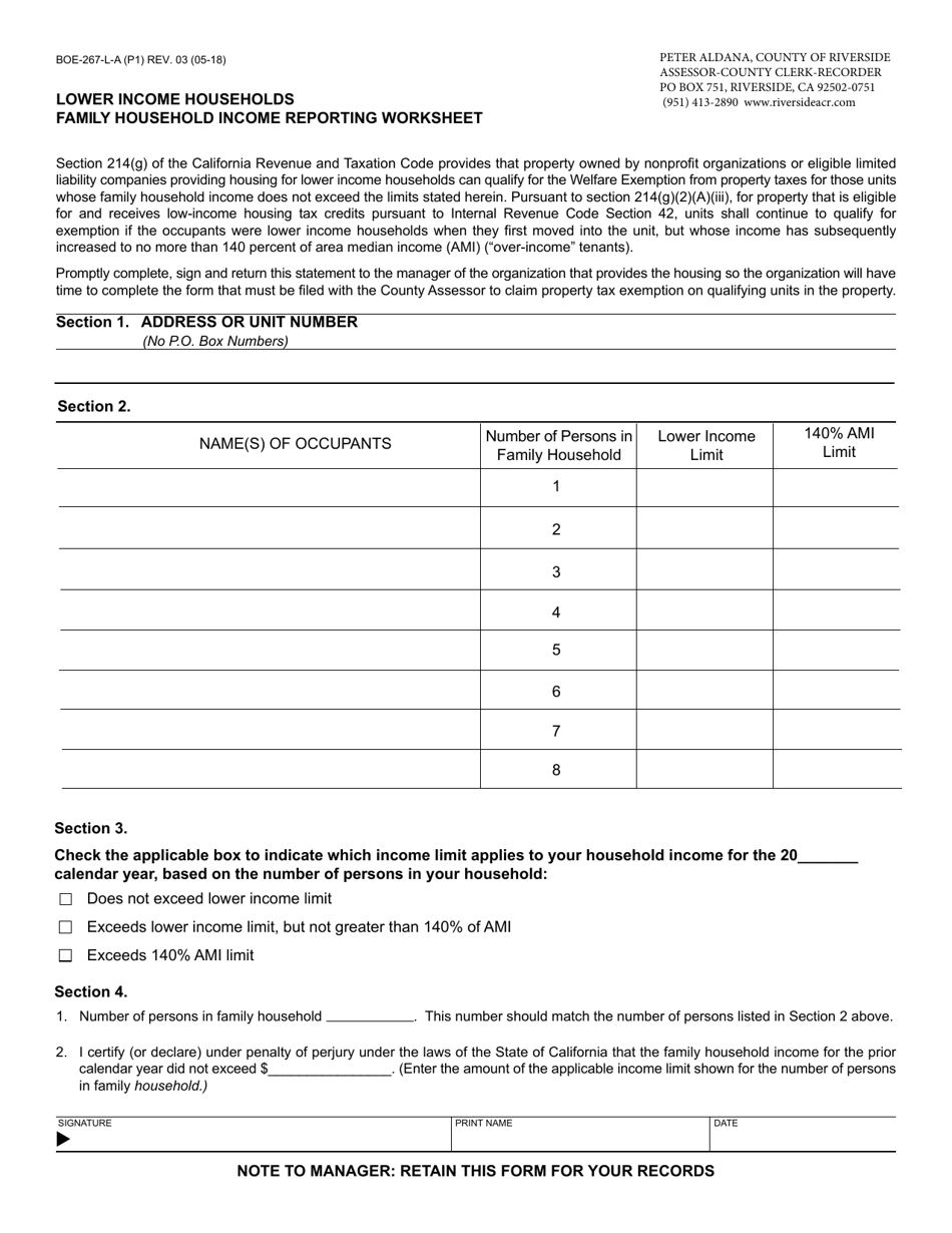 Form BOE-267-L-A Lower Income Households Family Household Income Reporting Worksheet - County of Riverside, California, Page 1