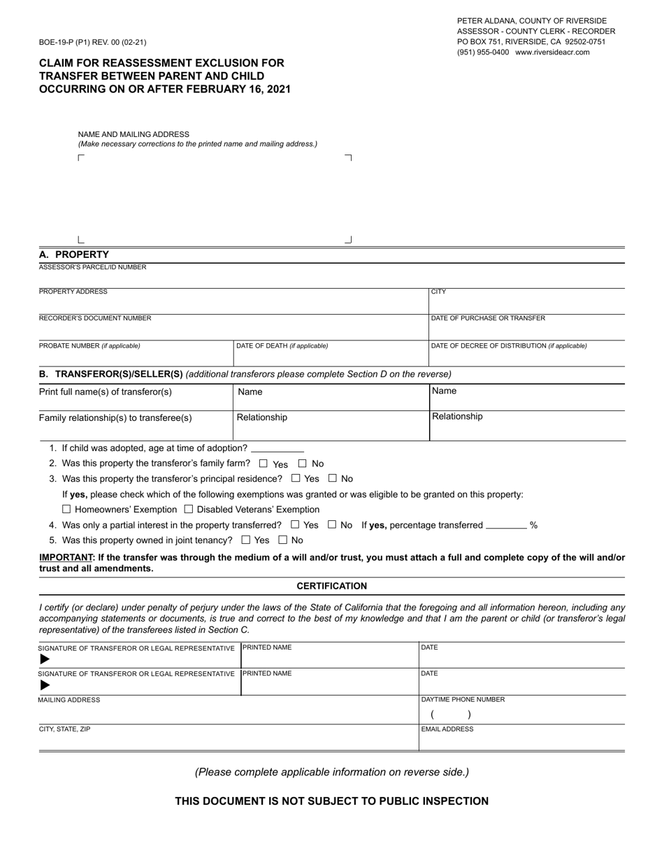 Form BOE-19-P Claim for Reassessment Exclusion for Transfer Between Parent and Child Occurring on or After February 16, 2021 - County of Riverside, California, Page 1