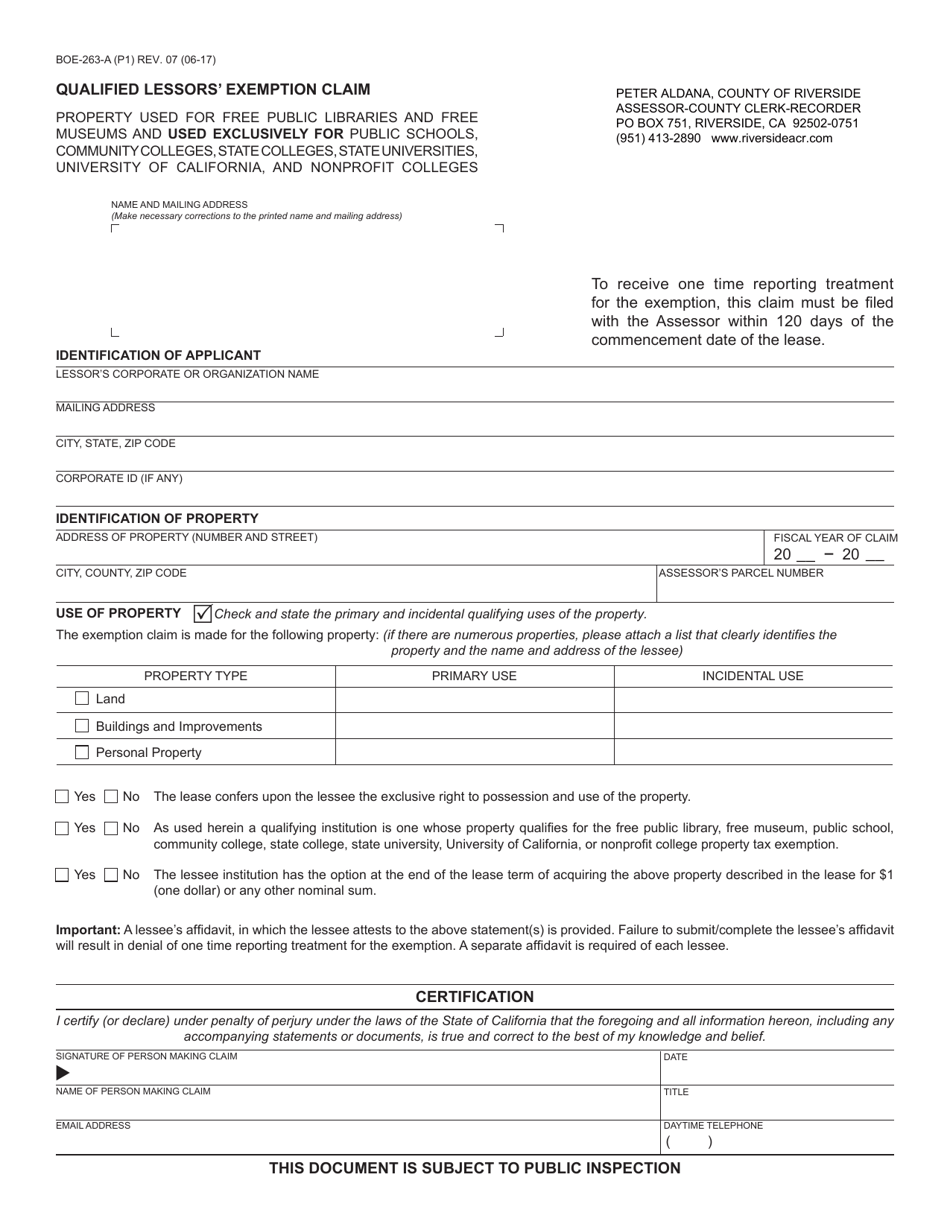 Form BOE-263-A Qualified Lessors Exemption Claim - County of Riverside, California, Page 1