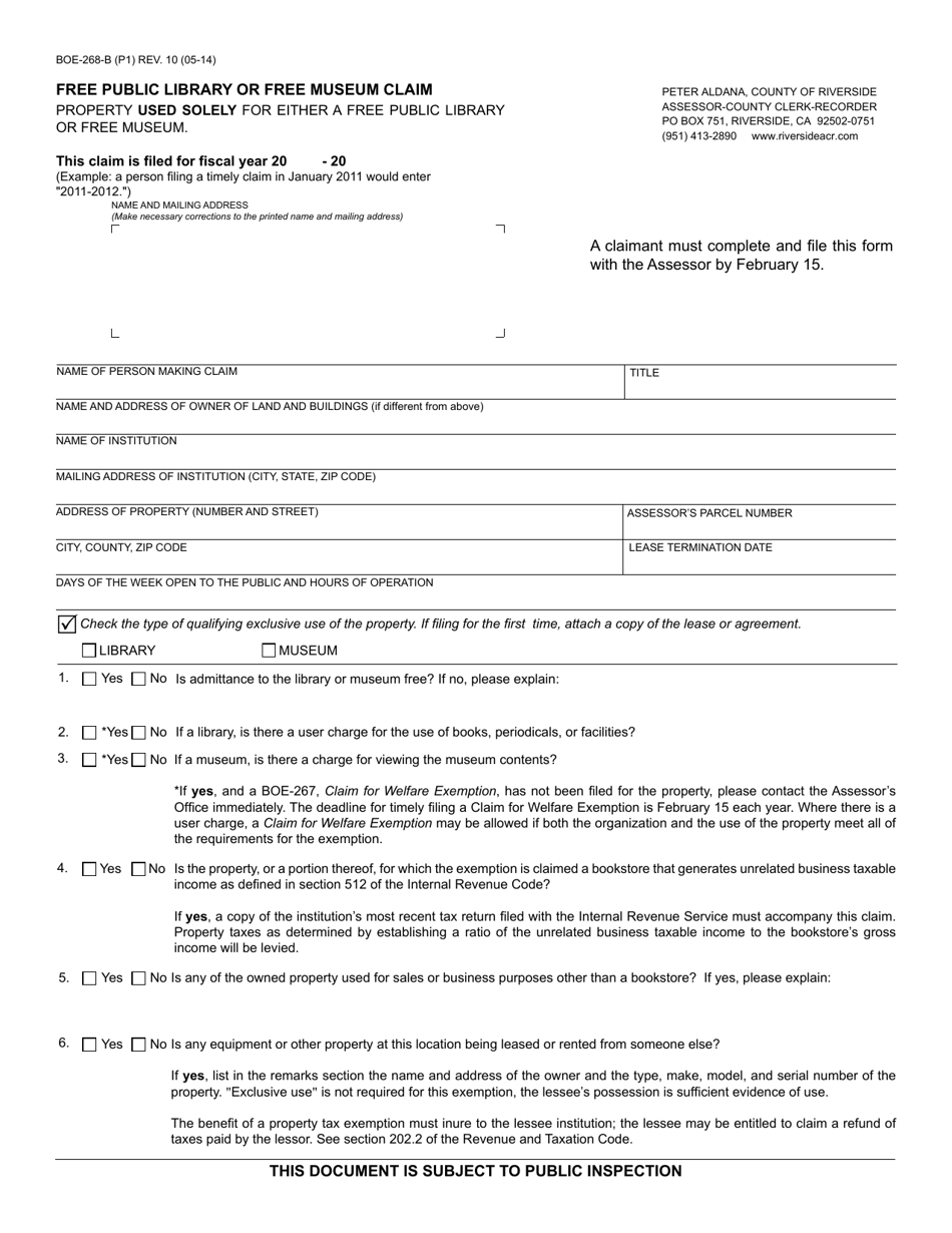 Form BOE-268-B Free Public Library or Free Museum Claim - County of Riverside, California, Page 1