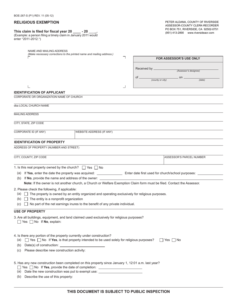 Form BOE-267-S Download Fillable PDF or Fill Online Religious Exemption ...