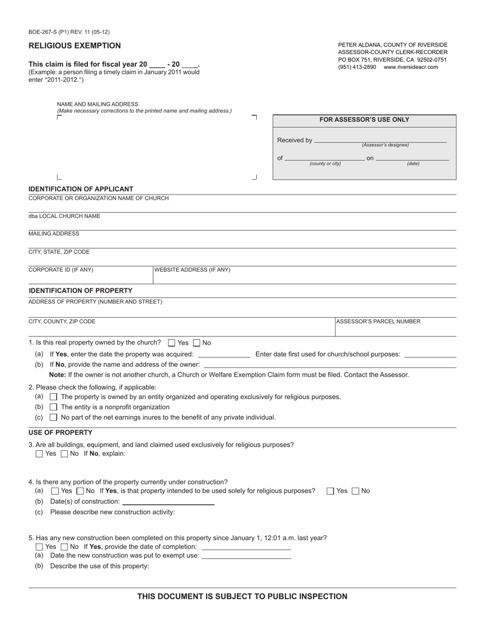 Form BOE-267-S Religious Exemption - County of Riverside, California, Page 1