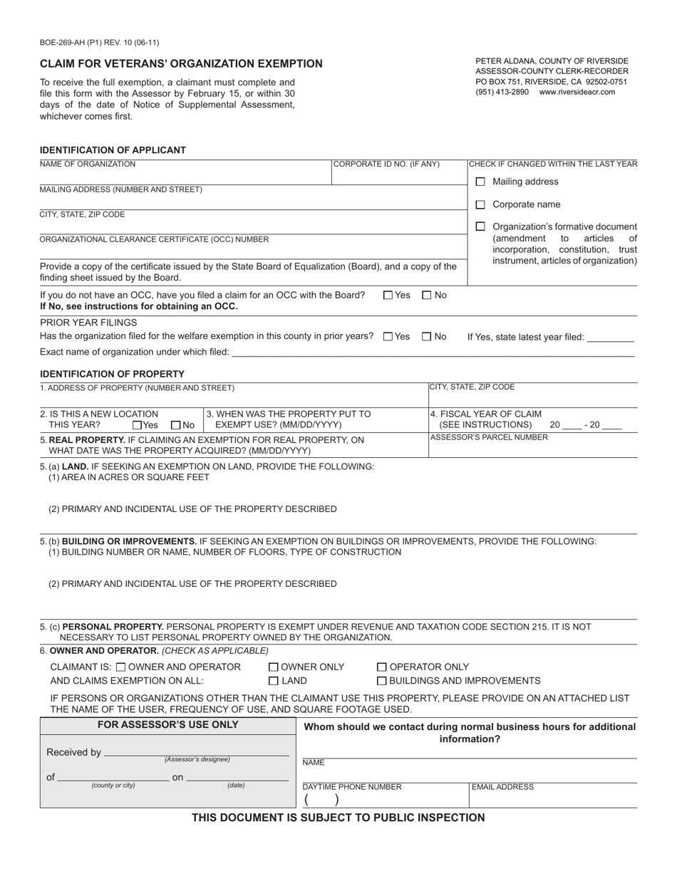 Form BOE-269-AH Claim for Veterans Organization Exemption - County of Riverside, California, Page 1