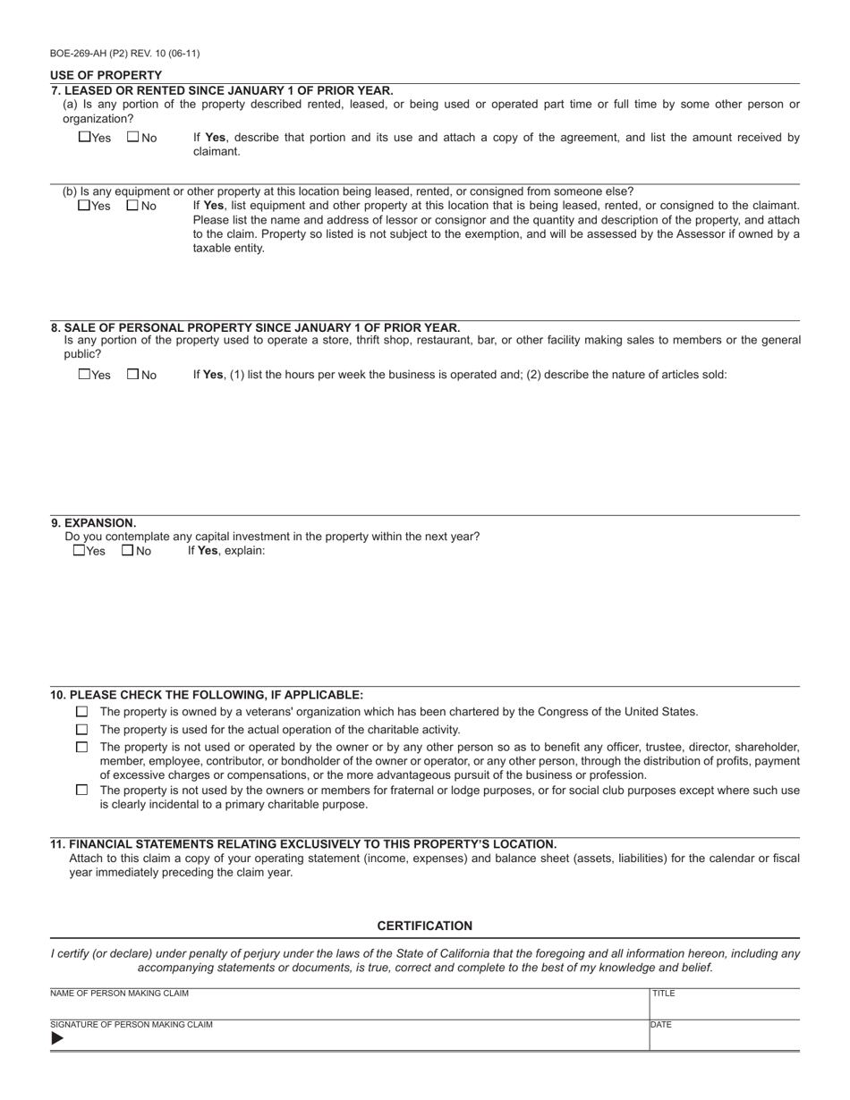 Form BOE-269-AH Claim for Veterans Organization Exemption - County of Riverside, California, Page 2