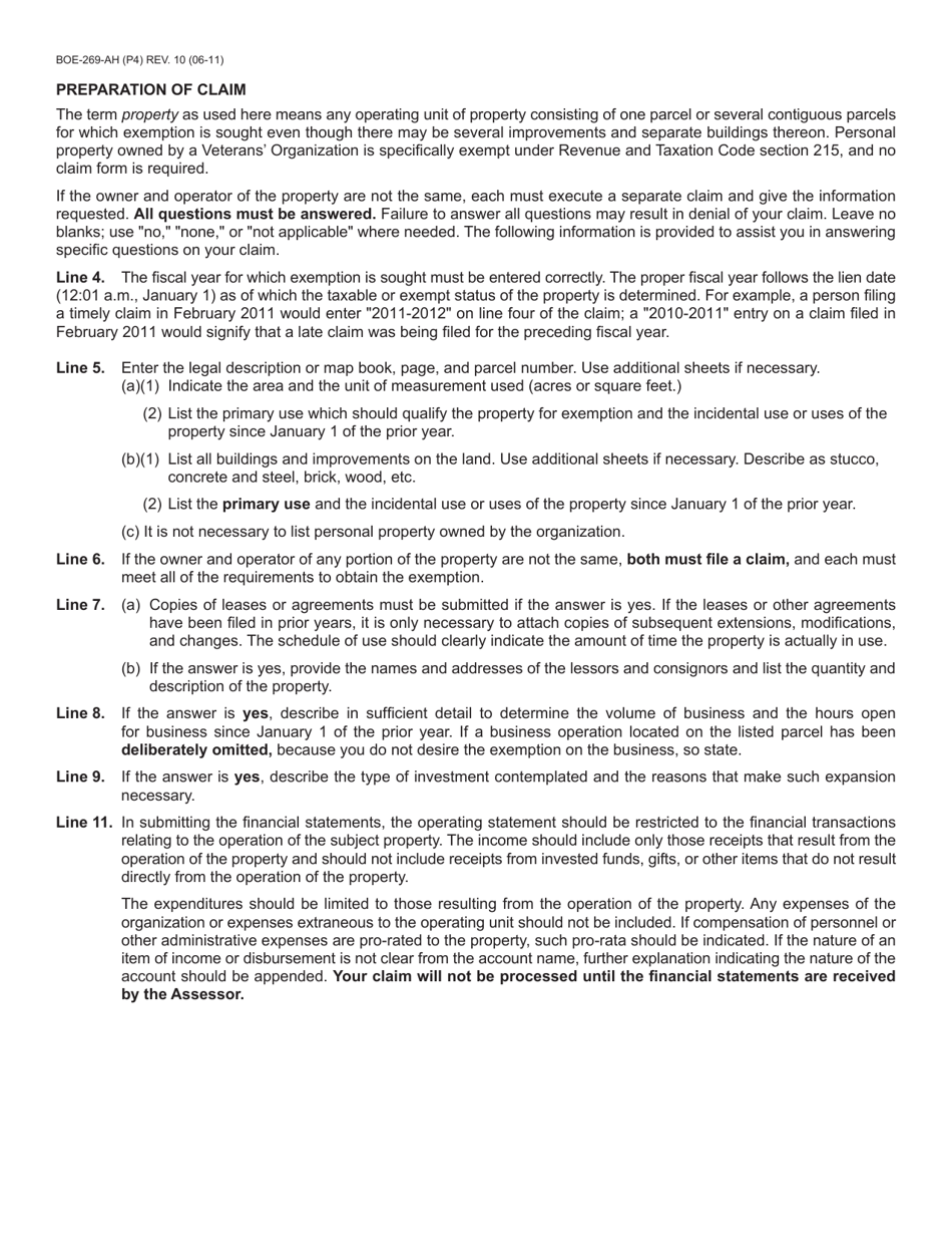 Form BOE-269-AH Claim for Veterans Organization Exemption - County of Riverside, California, Page 4