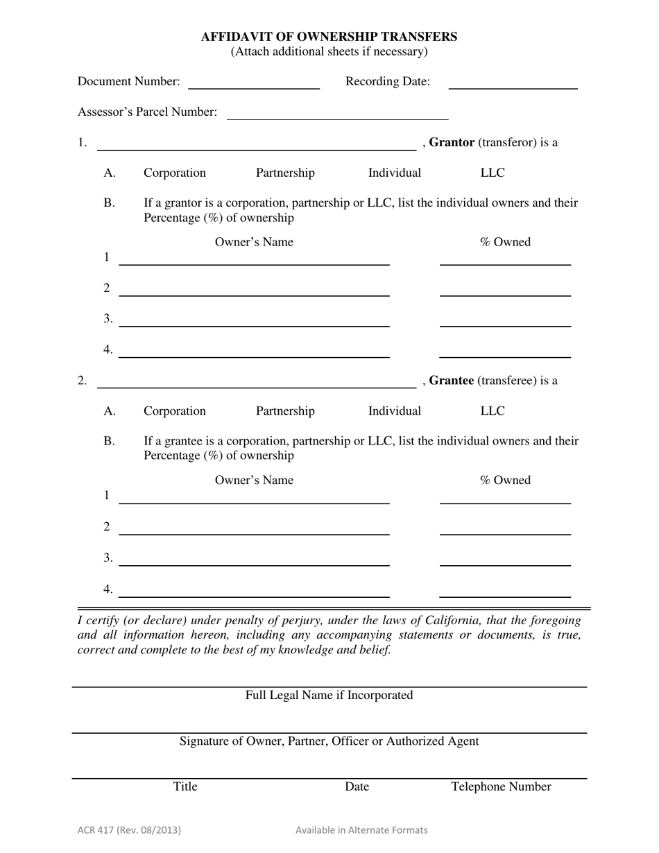 Form Acr417 - Fill Out, Sign Online And Download Fillable Pdf, County 