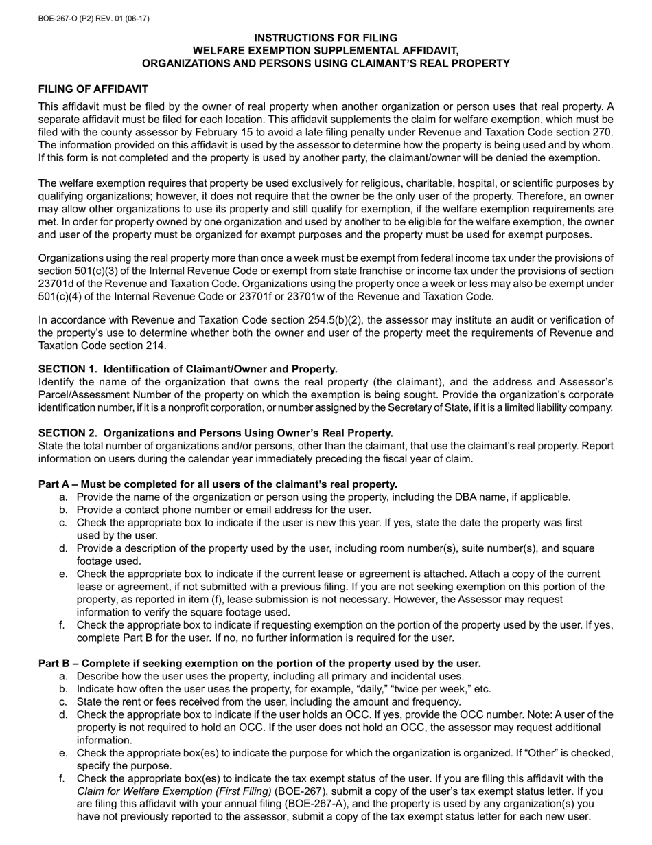 Form BOE-267-O Welfare Exemption Supplemental Affidavit, Organizations and Persons Using Claimants Real Property - County of Riverside, California, Page 2