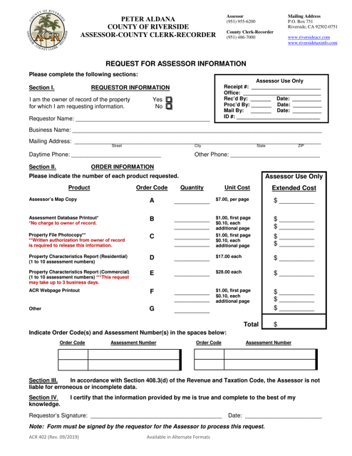Form ACR402 Request for Assessor Information - County of Riverside, California