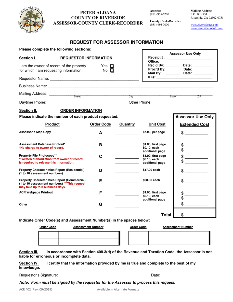 Form ACR402 Request for Assessor Information - County of Riverside, California, Page 1
