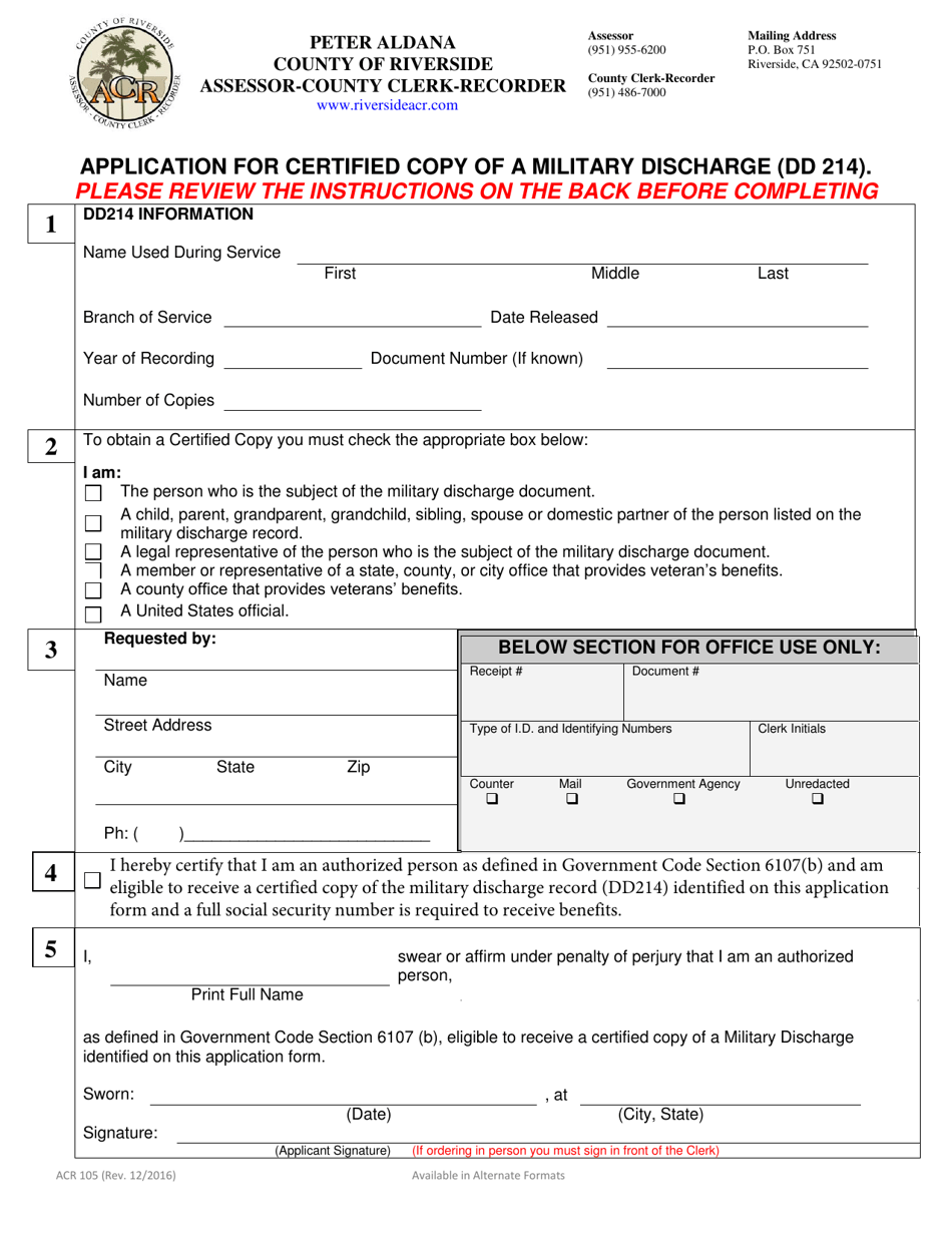 Form ACR105 Application for Certified Copy of a Military Discharge (DD 214) - County of Riverside, California, Page 1