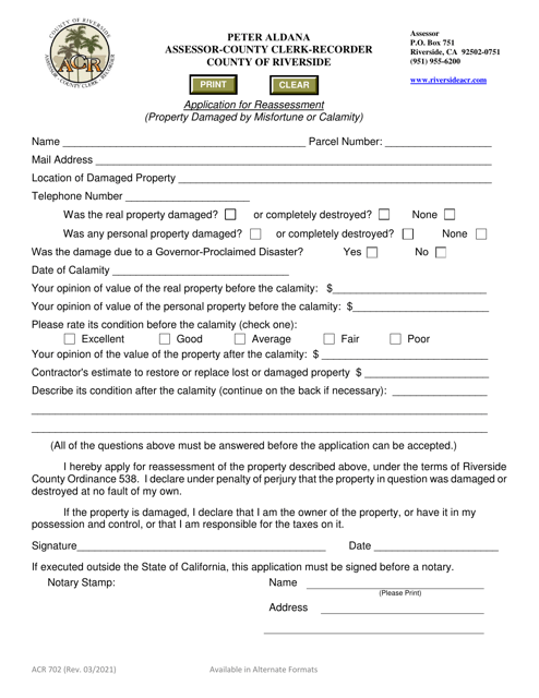 Form ACR702 Application for Reassessment (Property Damaged by Misfortune or Calamity) - County of Riverside, California