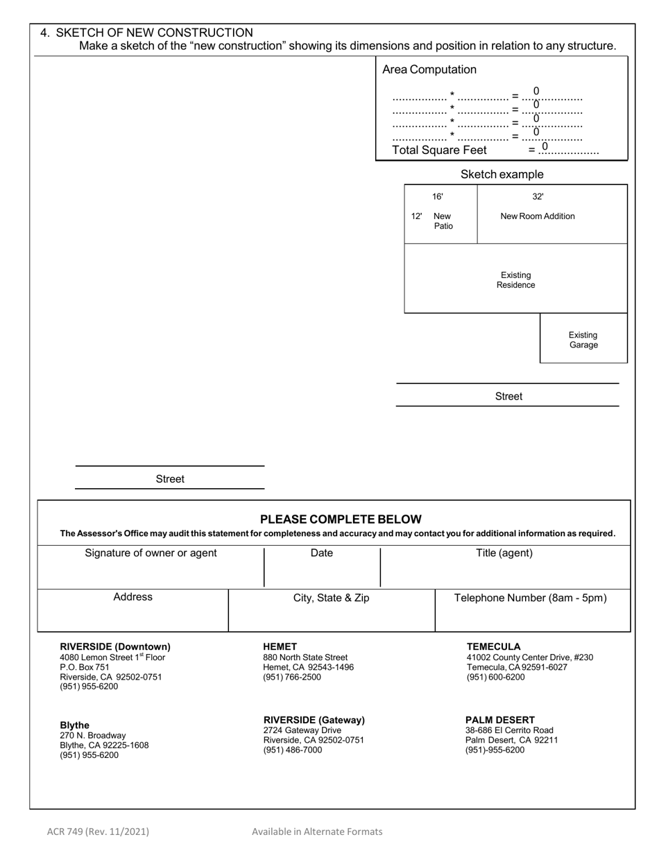Form ACR749 Property Owners Statement on New Construction - County of Riverside, California, Page 2