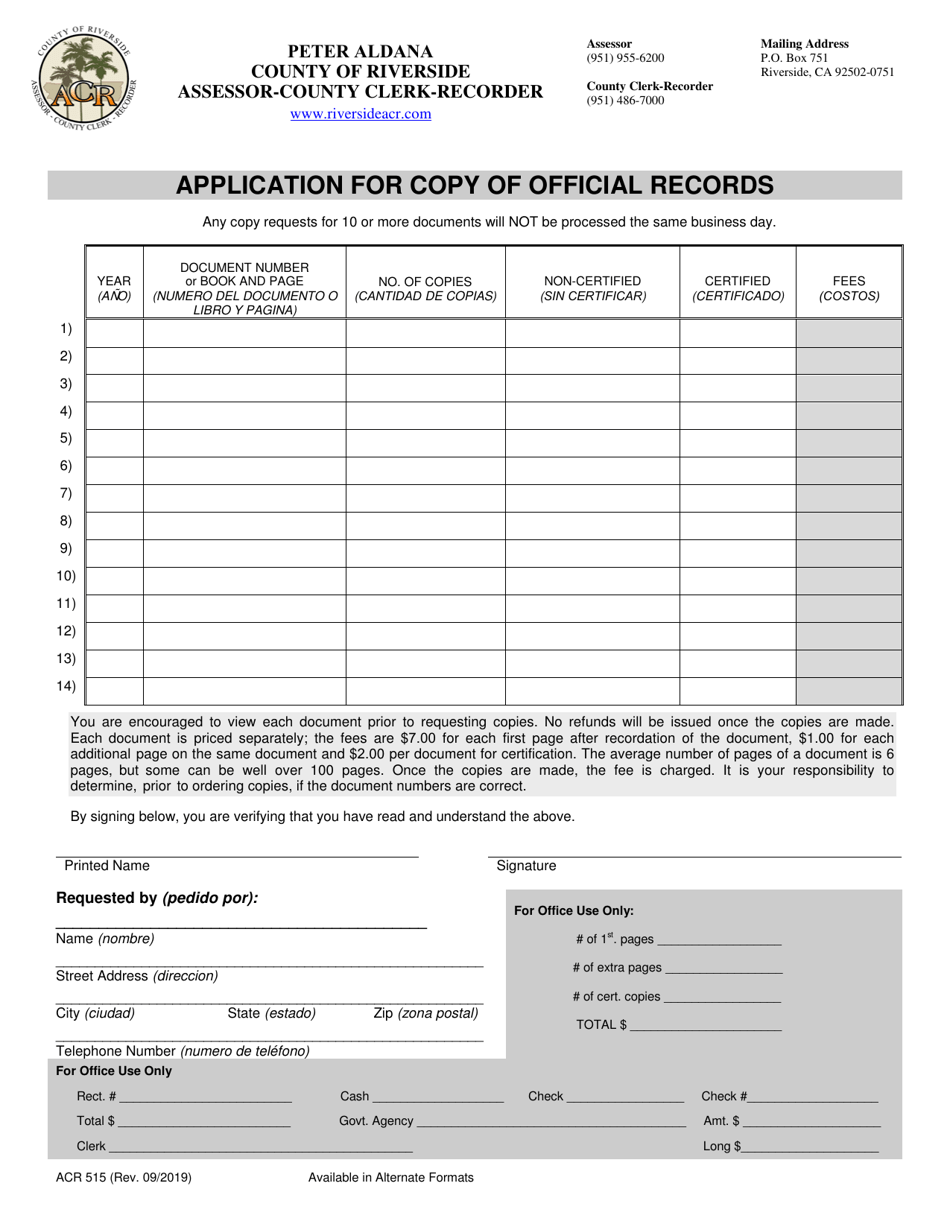 Form ACR515 Application for Copy of Official Records - County of Riverside, California, Page 1