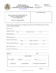 Form ACR225 &quot;Application for Appointment as Deputy Commissioner of Civil Marriages - One Day Appointment&quot; - County of Riverside, California