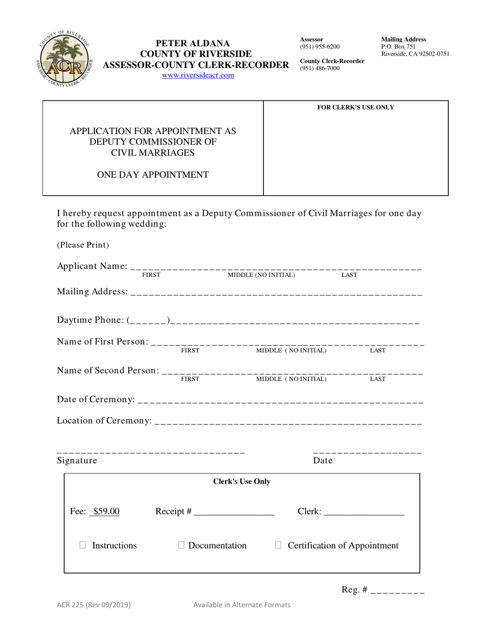 Form ACR225 Application for Appointment as Deputy Commissioner of Civil Marriages - One Day Appointment - County of Riverside, California, Page 1