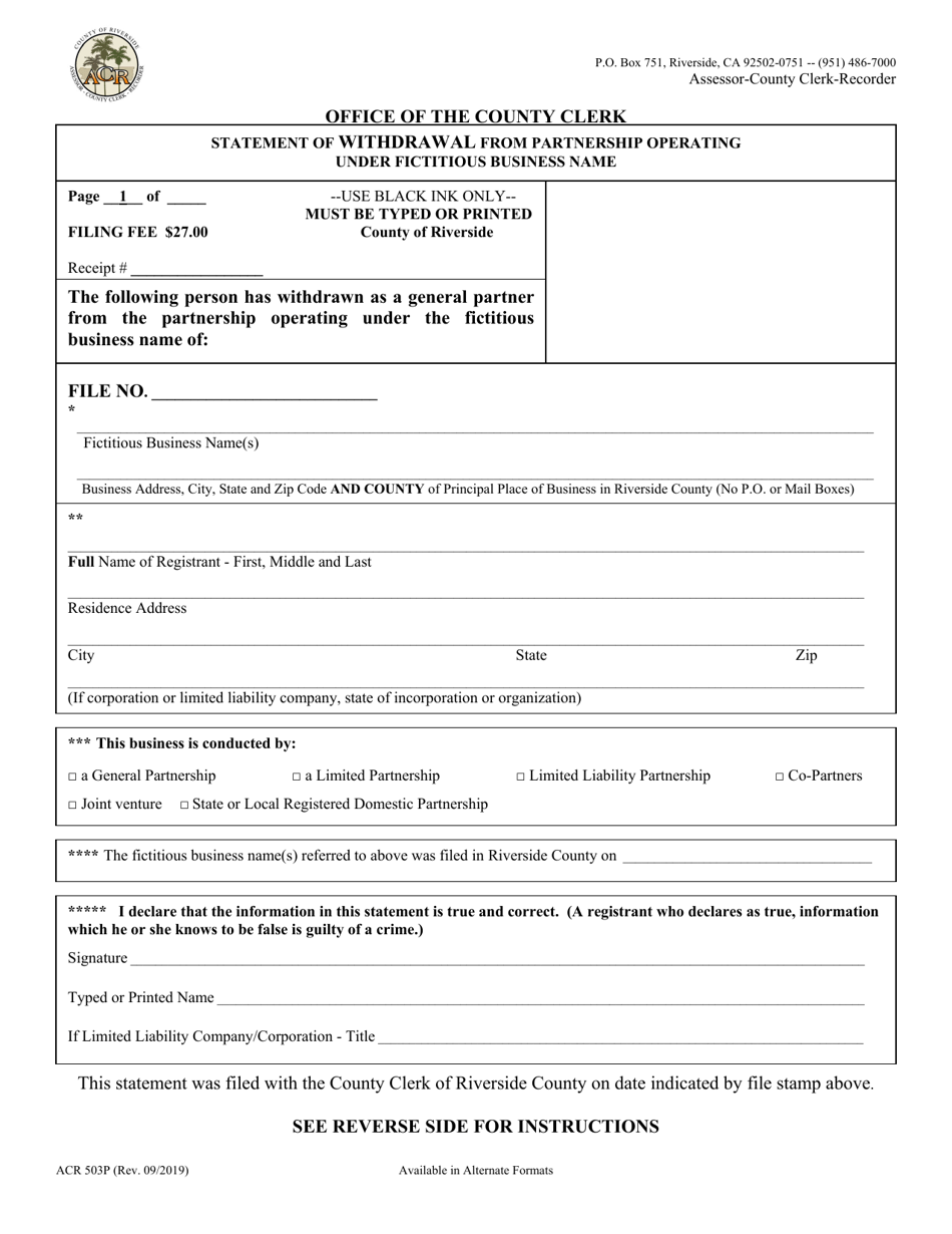 Form ACR503P Statement of Withdrawal From Partnership Operating Under Fictitious Business Name - County of Riverside, California, Page 1