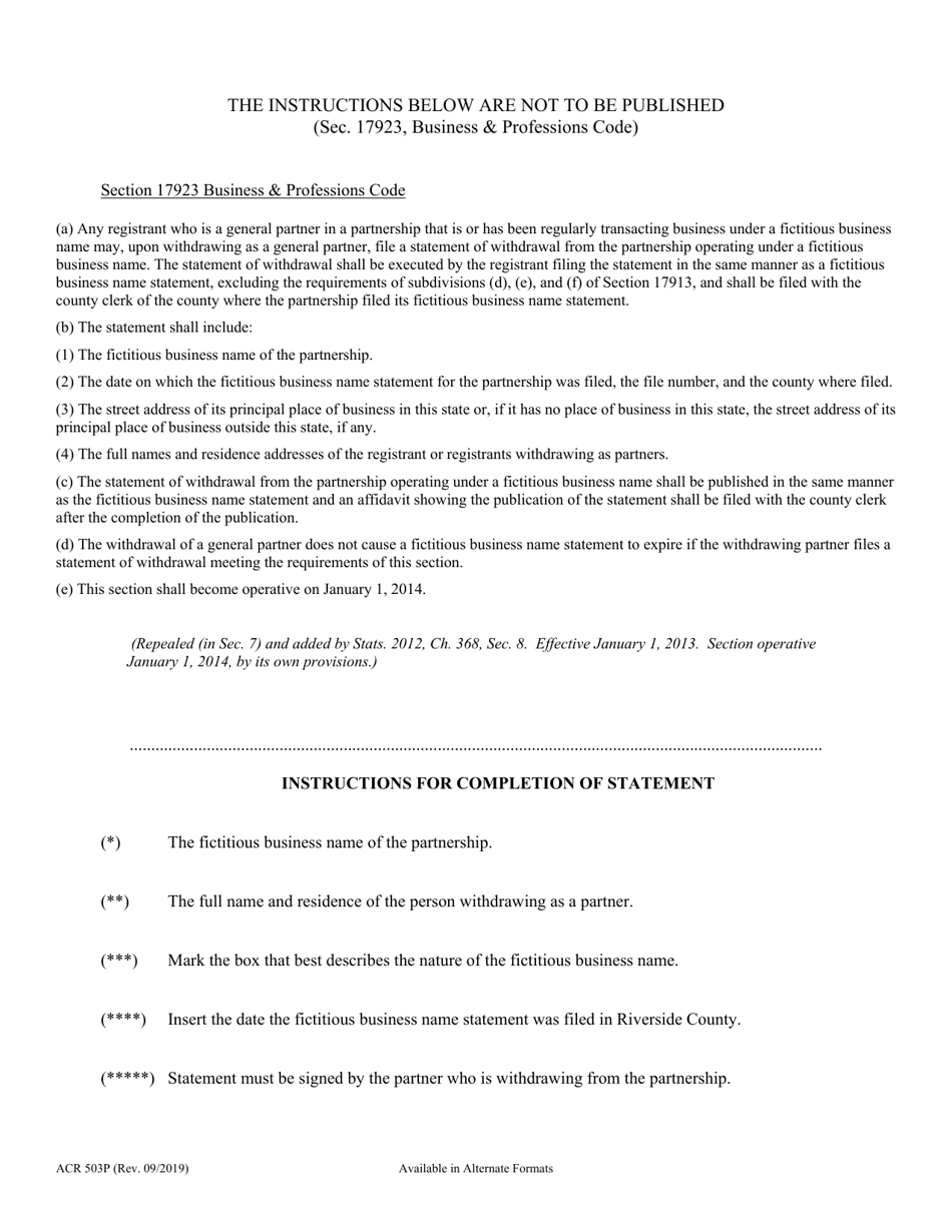 Form ACR503P Statement of Withdrawal From Partnership Operating Under Fictitious Business Name - County of Riverside, California, Page 2
