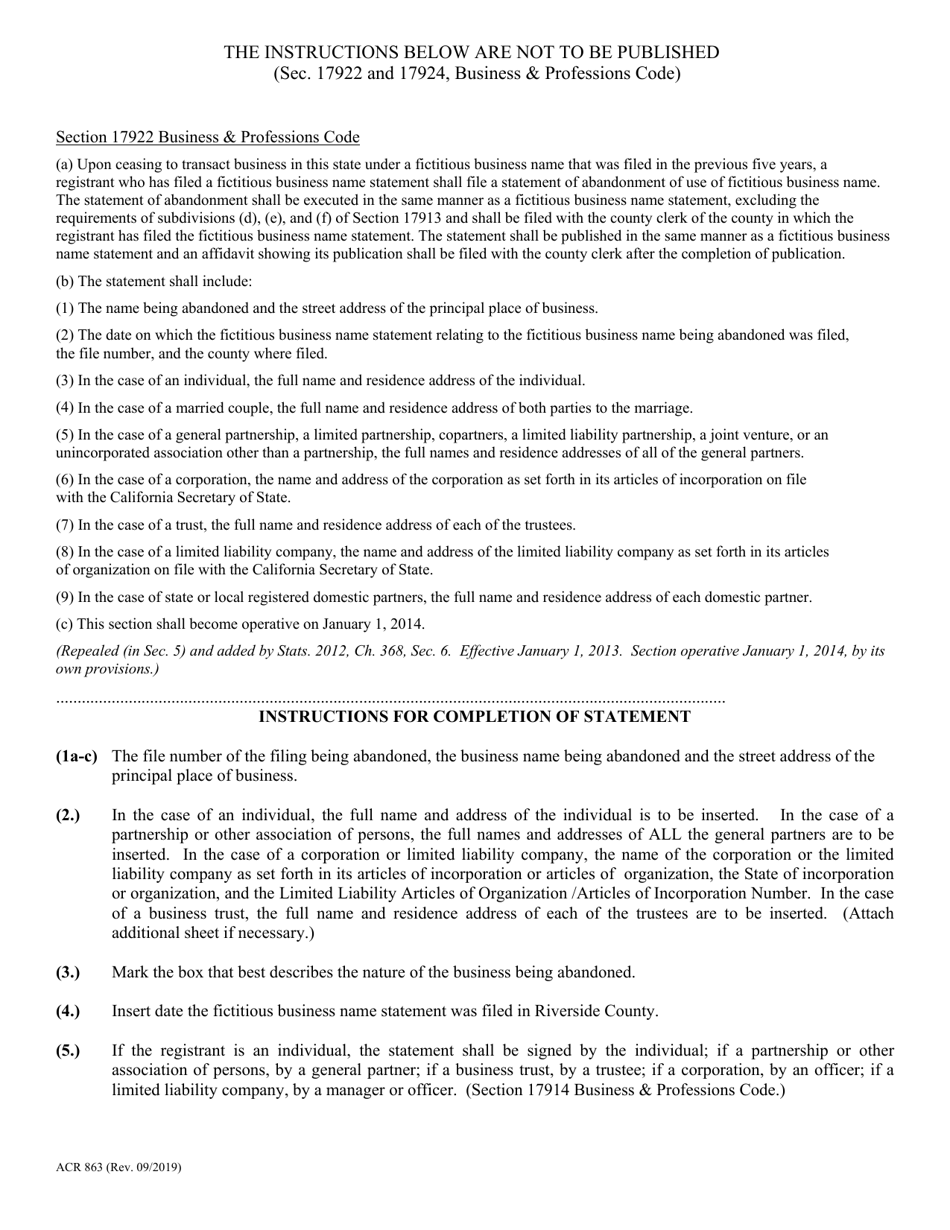Form ACR863 Statement of Abandonment of Use of Fictitious Business Name - County of Riverside, California, Page 2