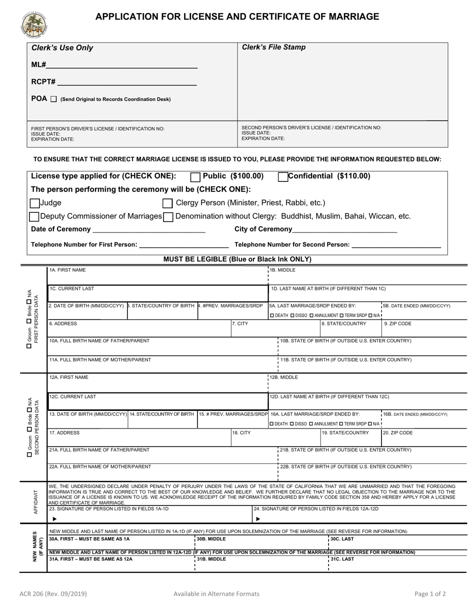 Form ACR206 Application for License and Certificate of Marriage - County of Riverside, California, Page 1