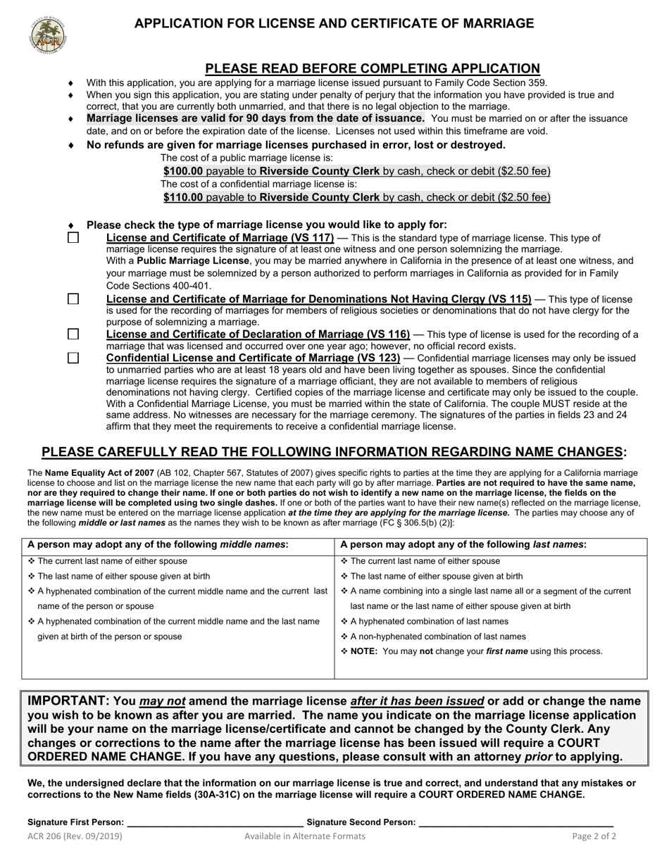 Form ACR206 Application for License and Certificate of Marriage - County of Riverside, California, Page 2