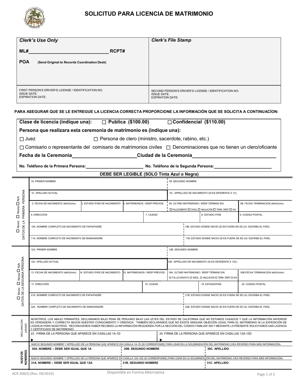 Formulario ACR206 Solicitud Para Licencia De Matrimonio - County of Riverside, California (Spanish), Page 1