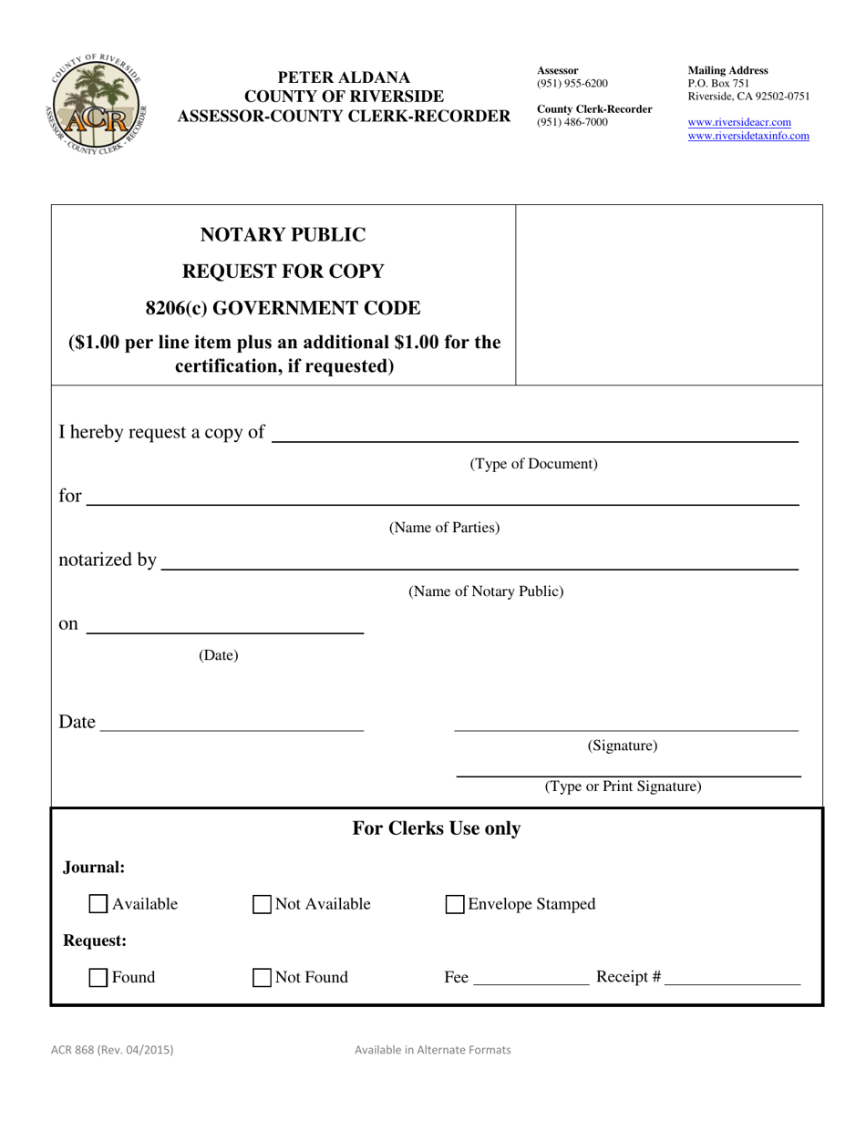 Form ACR868 Notary Public Request for Copy 8206(C) Government Code - County of Riverside, California, Page 1