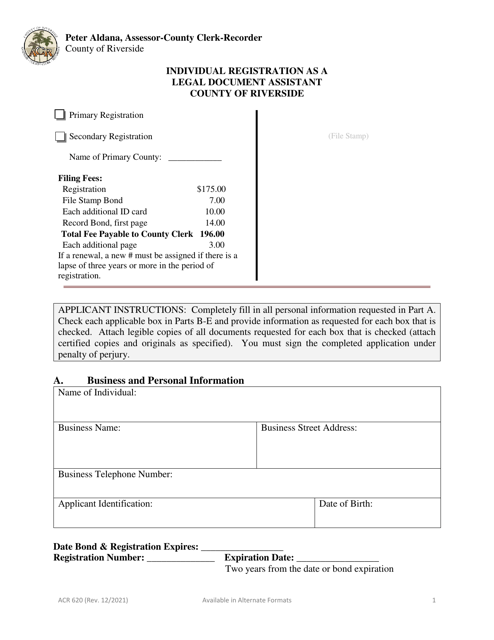 Form ACR620 Individual Registration as a Legal Document Assistant - County of Riverside, California