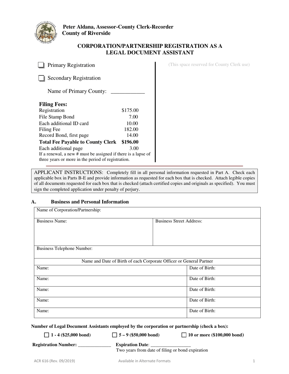 Form ACR616 Corporation / Partnership Registration as a Legal Document Assistant - County of Riverside, California, Page 1
