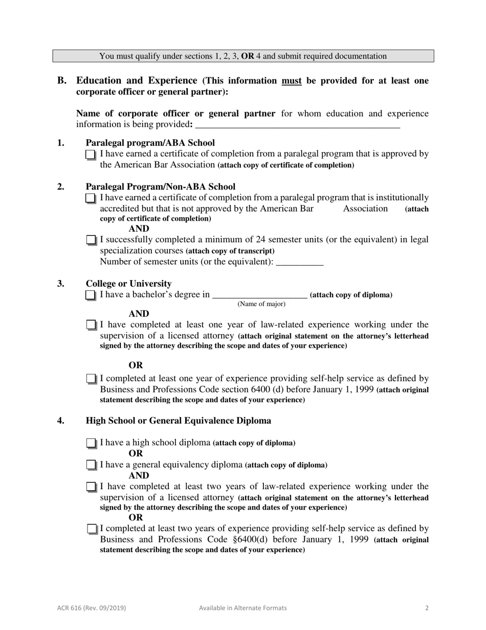 Form ACR616 Corporation / Partnership Registration as a Legal Document Assistant - County of Riverside, California, Page 2
