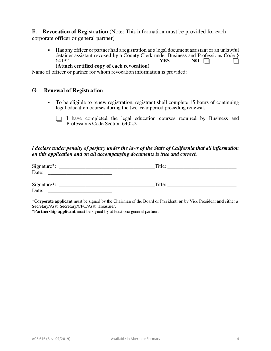 Form ACR616 Corporation / Partnership Registration as a Legal Document Assistant - County of Riverside, California, Page 4