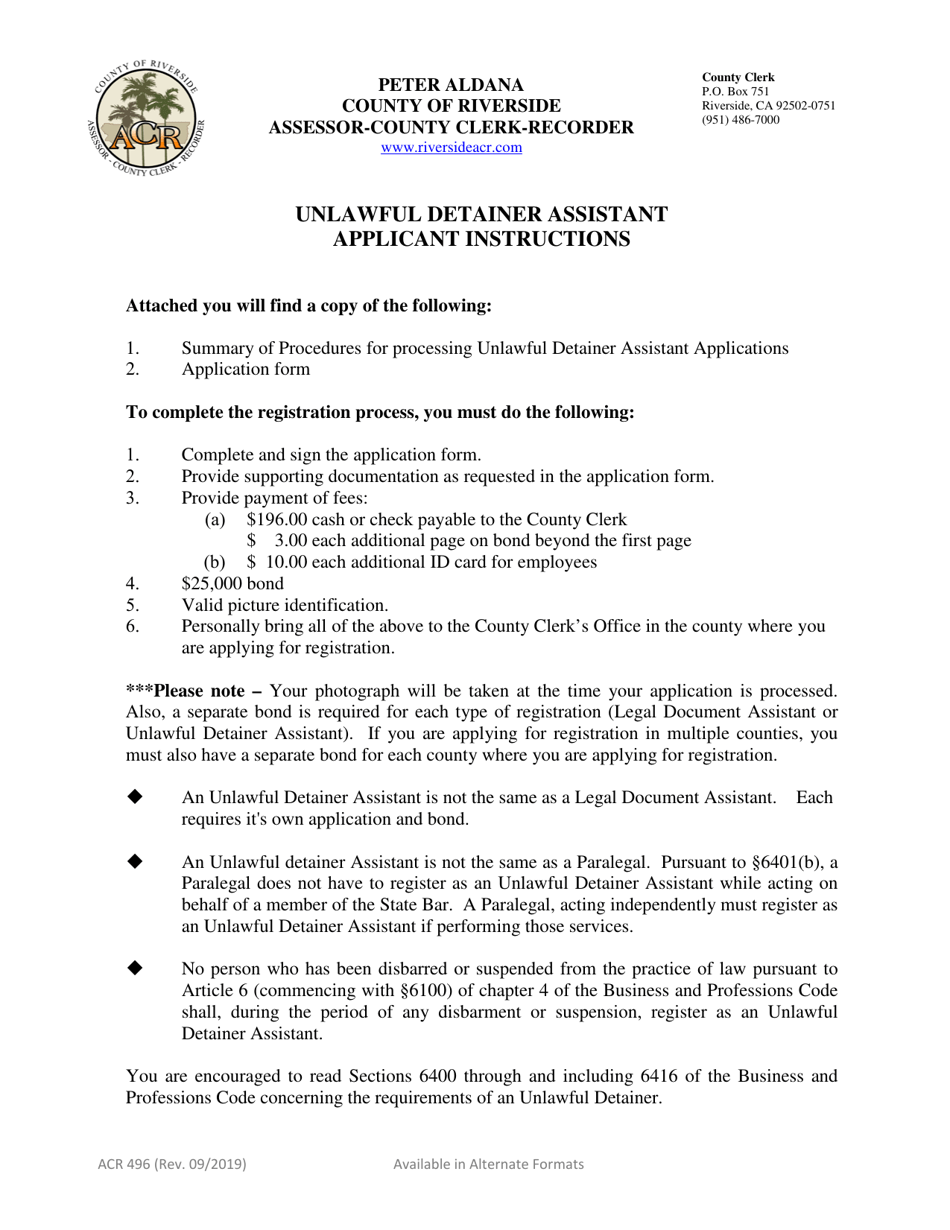 Instructions for Form ACR617, ACR619 Unlawful Detainer Assistant Application - County of Riverside, California, Page 1