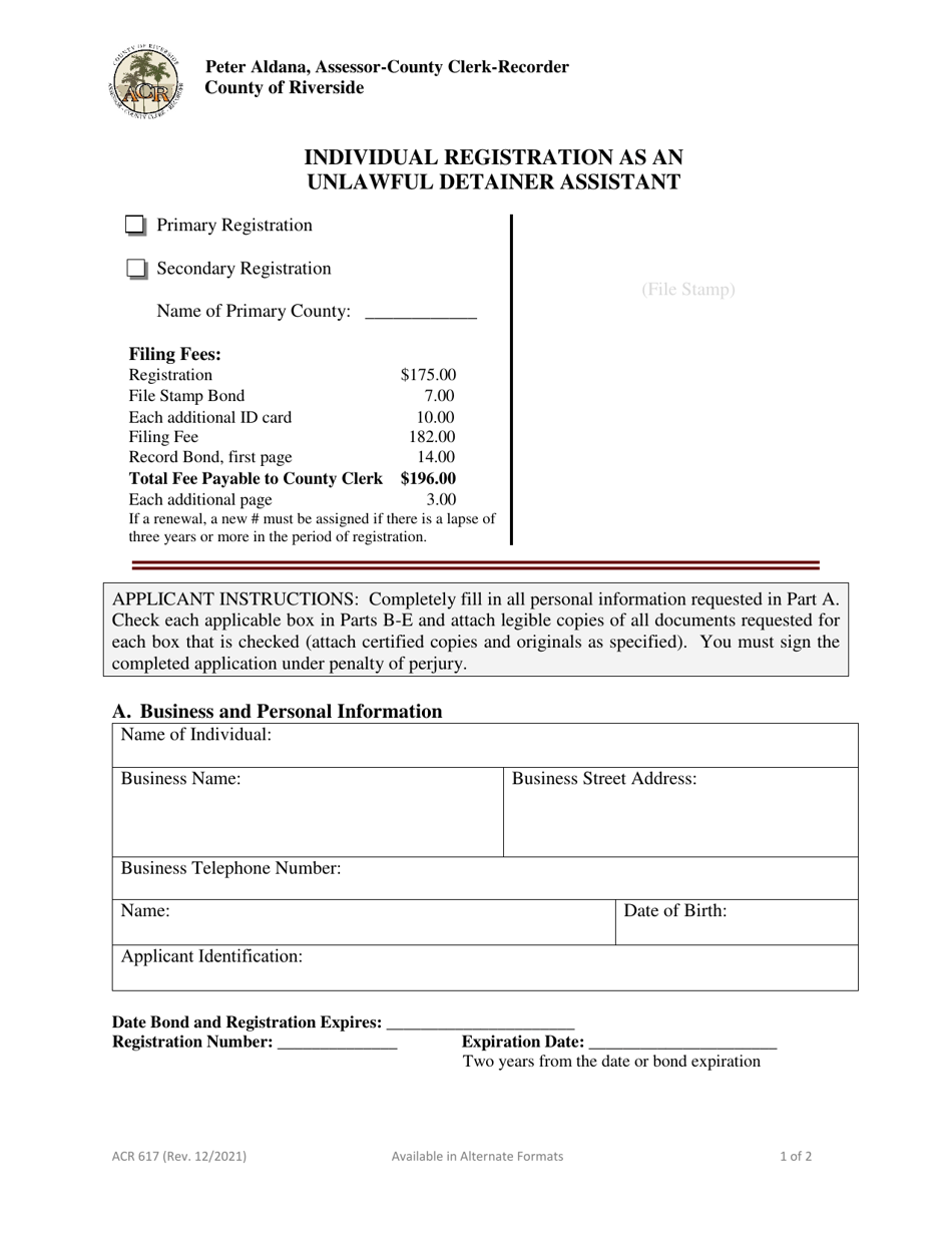 Form ACR617 Individual Registration as an Unlawful Detainer Assistant - County of Riverside, California, Page 1