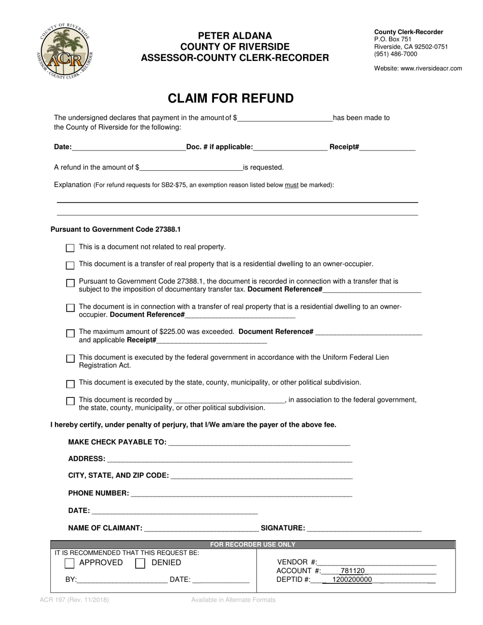 Form ACR197 Claim for Refund - County of Riverside, California, Page 1