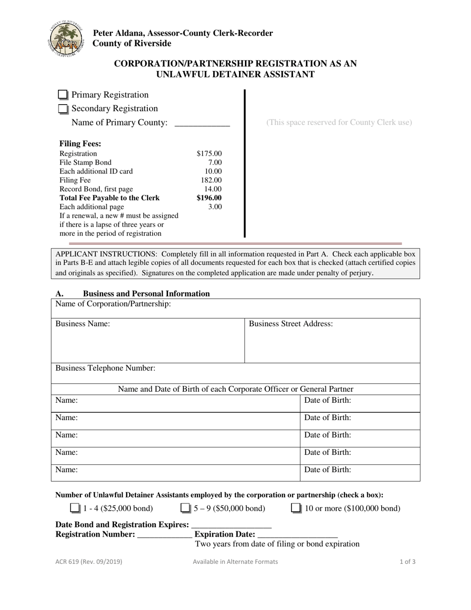 Form ACR619 Corporation / Partnership Registration as an Unlawful Detainer Assistant - County of Riverside, California, Page 1